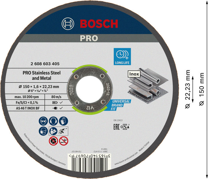 BOSCH PRO Stainless Steel and Metal Trennscheibe, 150 x 1.6 x 22.23 mm, gerade, oSa BOSCH PRO Stainless Steel and Metal Trennscheibe, 150 x 1.6 x 22.23 mm, gerade, oSa