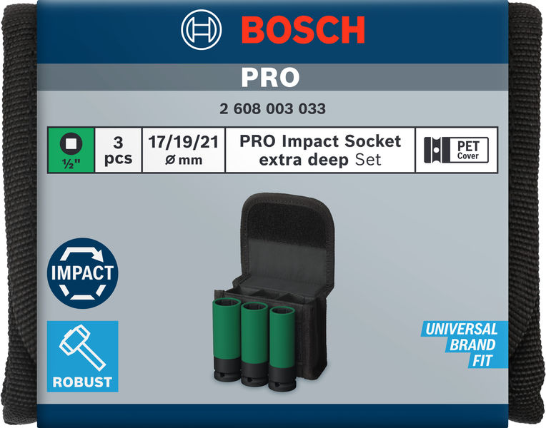 BOSCH PRO Impact Steckschlüssel-Set mit PET-Abdeckungen, 1/2", extra tief, 3-tlg BOSCH PRO Impact Steckschlüssel-Set mit PET-Abdeckungen, 1/2", extra tief, 3-tlg