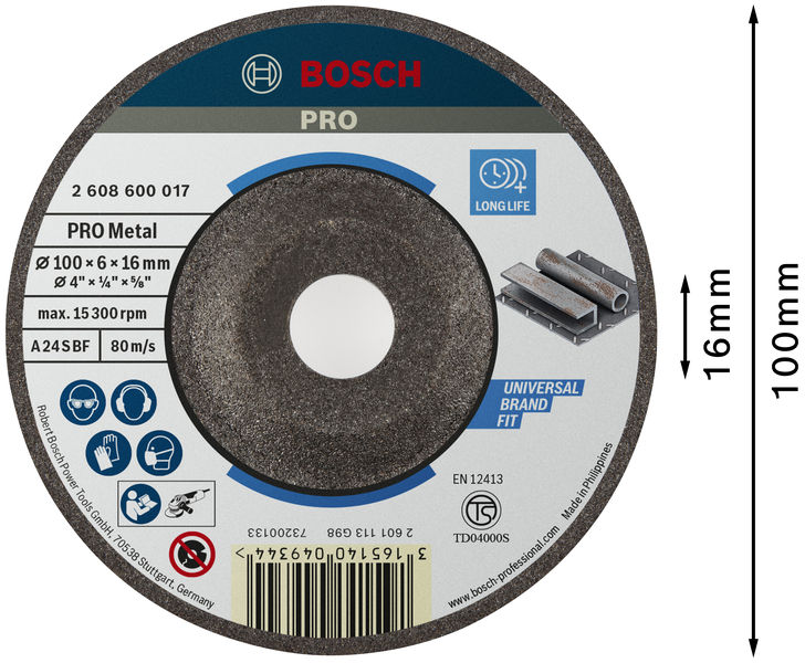 BOSCH PRO Metal Schleifscheibe, 100 x 6 x 16 mm
