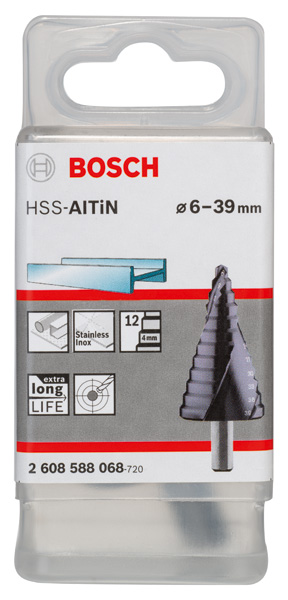 BOSCH Stufenbohrer HSS-AlTiN, 6 - 39 mm, 10 mm, 93,5, 12 Stufen BOSCH Stufenbohrer HSS-AlTiN, 6 - 39 mm, 10 mm, 93,5, 12 Stufen