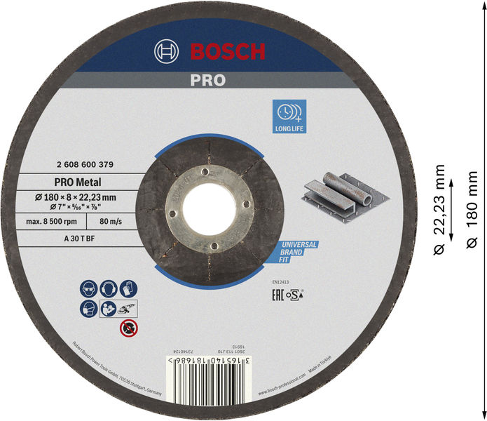 BOSCH PRO Metal Schleifscheibe, 180 x 8 x 22.23 mm, oSa