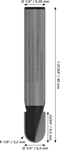 BOSCH PRO Hohlkehlfräser, R 1/8", Schaft 1/4"