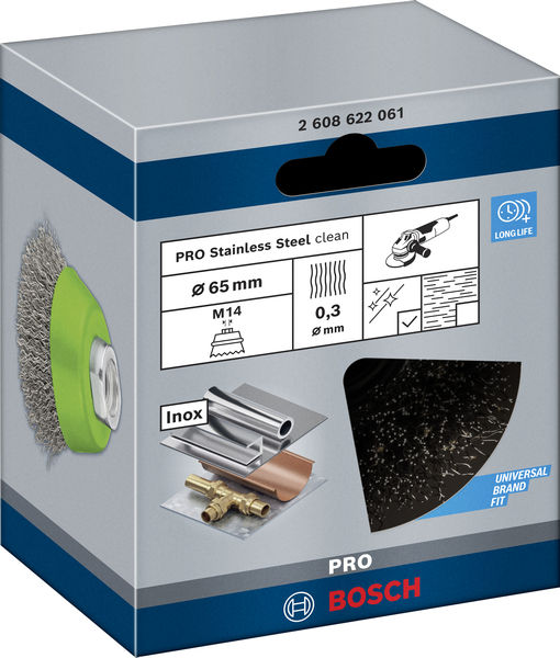 BOSCH PRO Stainless Steel clean Topfbürste, 65 x 0,3 mm, Gewinde BOSCH PRO Stainless Steel clean Topfbürste, 65 x 0,3 mm, Gewinde