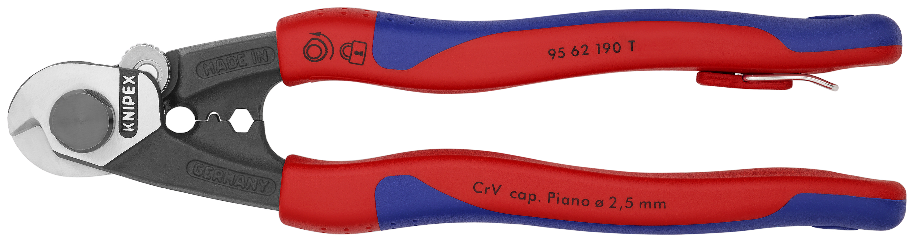 KNIPEX KNIPEX 95 62 190 T Drahtseilschere geschmiedet 190 mm mit Mehrkomponenten-Hüllen, mit integrierter Befestigungsöse zum Anbringen einer Absturzsicherung brüniert