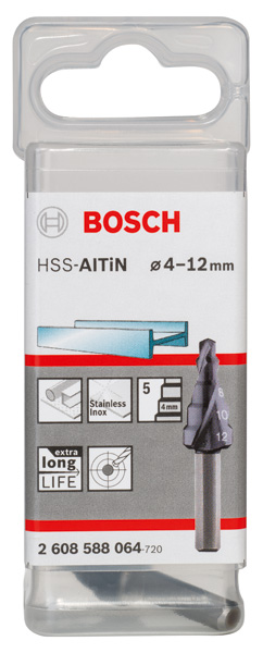 BOSCH Stufenbohrer HSS-AlTiN, 4 - 12 mm, 6 mm, 50 mm, 5 Stufen BOSCH Stufenbohrer HSS-AlTiN, 4 - 12 mm, 6 mm, 50 mm, 5 Stufen