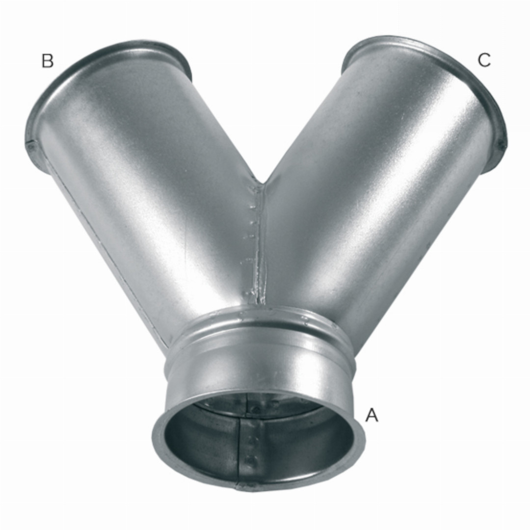 Hosenstück, verzinkt 30° A=160mm B=100mm C=100mm Hosenstück, verzinkt 30° A=160mm B=100mm C=100mm