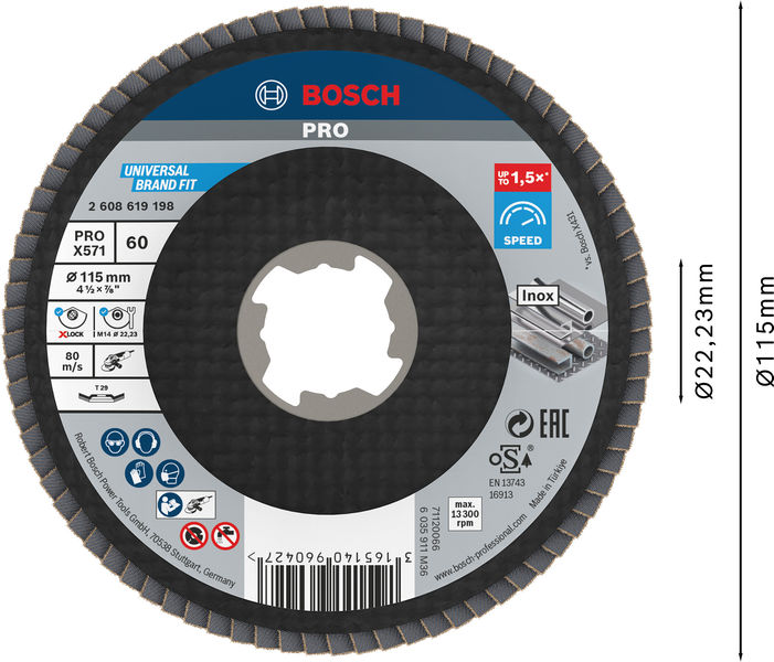 BOSCH PRO X571 Fächerschleifscheibe X-Lock, abgewinkelt, 115 mm, K60 BOSCH PRO X571 Fächerschleifscheibe X-Lock, abgewinkelt, 115 mm, K60