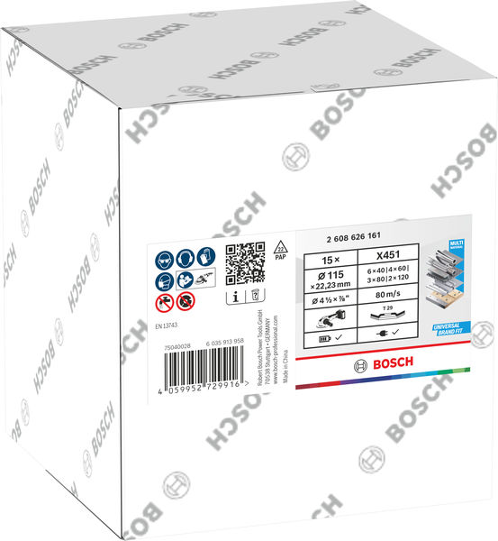 BOSCH X451 Fächerschleifscheiben Set, 115 x 22,23 mm, K40/K60/K80/K120, Z29, 15-tlg