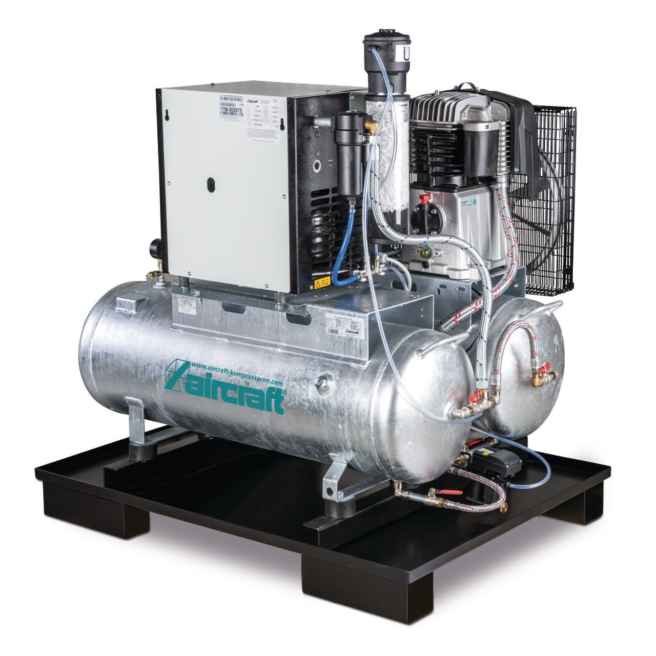 AIRCRAFT Stationärer Kolbenkompressor mit 2x 100 Liter-Druckluftbehältern, Kältetrockner, Feinfilter, Kondensatableiter- und aufbereiter AIRPROFI DUO 703/2x100/10 KK AIRCRAFT Stationärer Kolbenkompressor mit 2x 100 Liter-Druckluftbehältern, Kältetrockner, Feinfilter, Kondensatableiter- und aufbereiter AIRPROFI DUO 703/2x100/10 KK