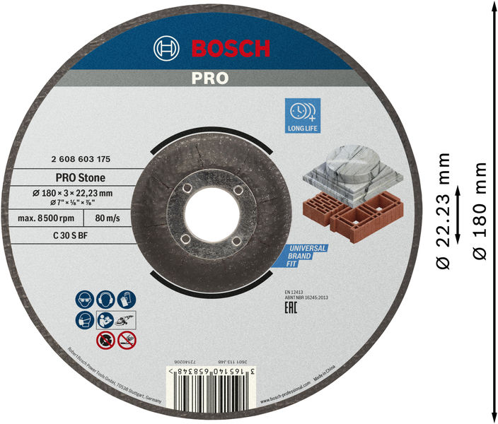BOSCH PRO Stone Trennscheibe, 180 x 3 x 22.23 mm, gekröpft BOSCH PRO Stone Trennscheibe, 180 x 3 x 22.23 mm, gekröpft