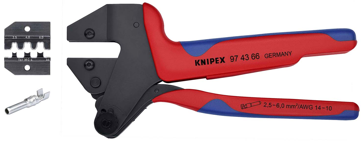 KNIPEX KNIPEX 97 43 66 Crimp-Systemzange MC4® & MC4® EVO2 für auswechselbare Crimpeinsätze für MC4® Multi-Connect-Verbinder (bis 6 mm²) 200 mm brüniert mit Mehrkomponenten-Hüllen brüniert