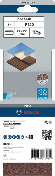 BOSCH PRO X440 Schleifband, 75 x 533 mm, 120, 3-tlg.