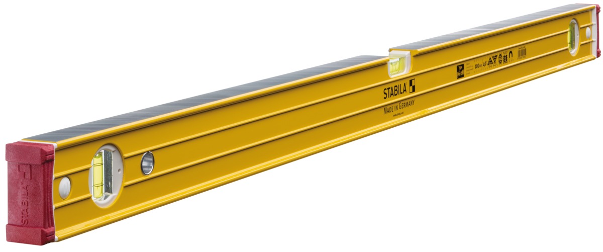 STABILA Magnet-Wasserwaage Type 96-2 M, 100 cm, extrasteifes Alu-Profil, extrastarke Seltenerd-Magnete, 1 Horizontal-/2 Vertikal-Libellen, stoßdämpfende Endkappen, Rutsch-Stopper, Made in Germany