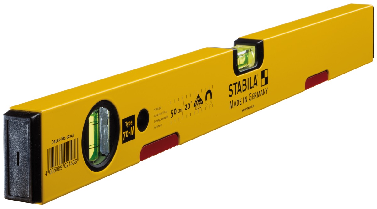 STABILA Magnet-Wasserwaage Type 70 M, 50 cm, leichtes Alu-Profil, starkes Seltenerd-Magnetsystem, 1 Horizontal-Libelle, 1 Vertikal-Libelle, Made in Germany STABILA Magnet-Wasserwaage Type 70 M, 50 cm, leichtes Alu-Profil, starkes Seltenerd-Magnetsystem, 1 Horizontal-Libelle, 1 Vertikal-Libelle, Made in Germany