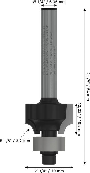 BOSCH PRO Abrundfräser, R 1/8", Schaft 1/4"