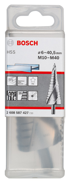 BOSCH Stufenbohrer HSS, für Kabelverschraubungen, M10-M40, 10 mm, 125,5 mm, 16 Stufen