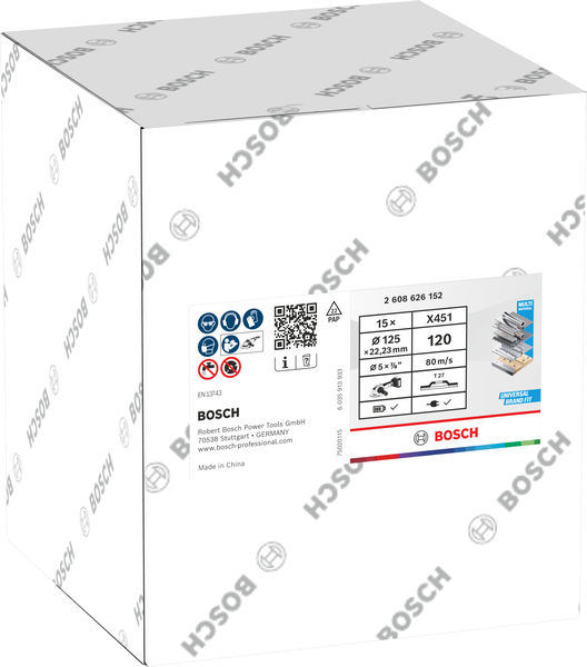 BOSCH X451 Fächerschleifscheibe, 125 x 22,23 mm, K120, Z27, 15-tlg BOSCH X451 Fächerschleifscheibe, 125 x 22,23 mm, K120, Z27, 15-tlg