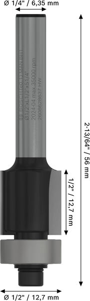 BOSCH PRO Bündigfräser mit untenlieg. Führungskugellager, Ø 1/2" x L 1/2", Schaft 1/4" BOSCH PRO Bündigfräser mit untenlieg. Führungskugellager, Ø 1/2" x L 1/2", Schaft 1/4"