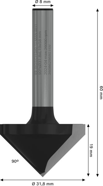 BOSCH PRO Spitznutfräser, 90° x Ø 31,8, Schaft 8 mm