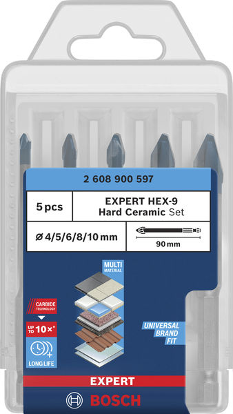 BOSCH EXPERT HEX-9 Hard Ceramic Bohrer-Set, 4/5/6/8/10 x 90 mm, 5-tlg BOSCH EXPERT HEX-9 Hard Ceramic Bohrer-Set, 4/5/6/8/10 x 90 mm, 5-tlg