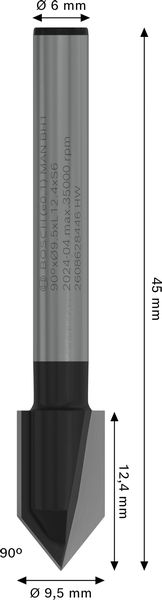 BOSCH PRO V-Nutfräser, 90° x Ø 9,5, Schaft 6 mm