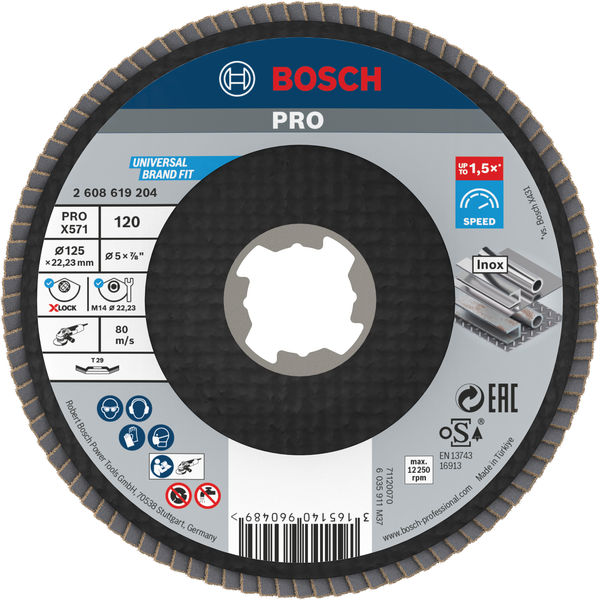 BOSCH PRO X571 Fächerschleifscheibe X-Lock, abgewinkelt, 125 mm, K120 BOSCH PRO X571 Fächerschleifscheibe X-Lock, abgewinkelt, 125 mm, K120