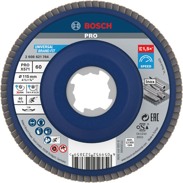BOSCH PRO X571 Fächerschleifscheibe X-Lock, abgewinkelt, 115 mm, K60 BOSCH PRO X571 Fächerschleifscheibe X-Lock, abgewinkelt, 115 mm, K60