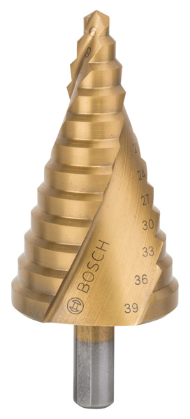 BOSCH Stufenbohrer HSS-TiN, 6 - 39 mm, 10 mm, 93,5 mm, 12 Stufen BOSCH Stufenbohrer HSS-TiN, 6 - 39 mm, 10 mm, 93,5 mm, 12 Stufen