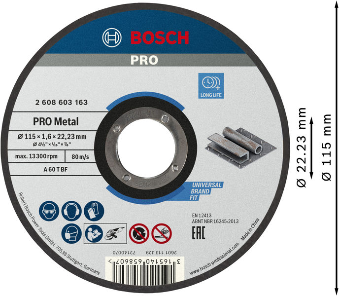 BOSCH PRO Metal Trennscheibe, 115 x 1.6 x 22.23 mm, gerade BOSCH PRO Metal Trennscheibe, 115 x 1.6 x 22.23 mm, gerade