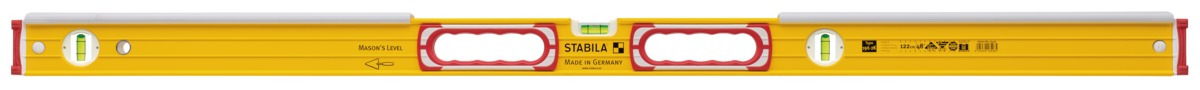 STABILA Maurer-Wasserwaage Type 196-2 K, 122 cm, integrierter Klopfschutz, extrasteifes Alu-Profil, 1 Horizontal-/2 Vertikal-Libellen, 2 Handgriffe, stoßdämpfende Endkappen, Made in Germany