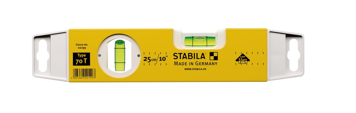 STABILA Torpedo-Wasserwaage Type 70 T, 25 cm, leichtes Alu-Profil, 1 Horizontal-Libelle, 1 Vertikal-Libelle, Made in Germany