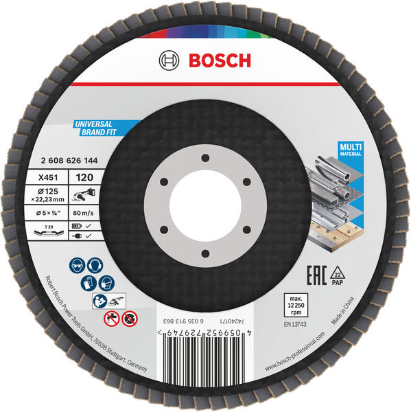 BOSCH X451 Fächerschleifscheibe, 125 x 22,23 mm, K120, Z29, 15-tlg