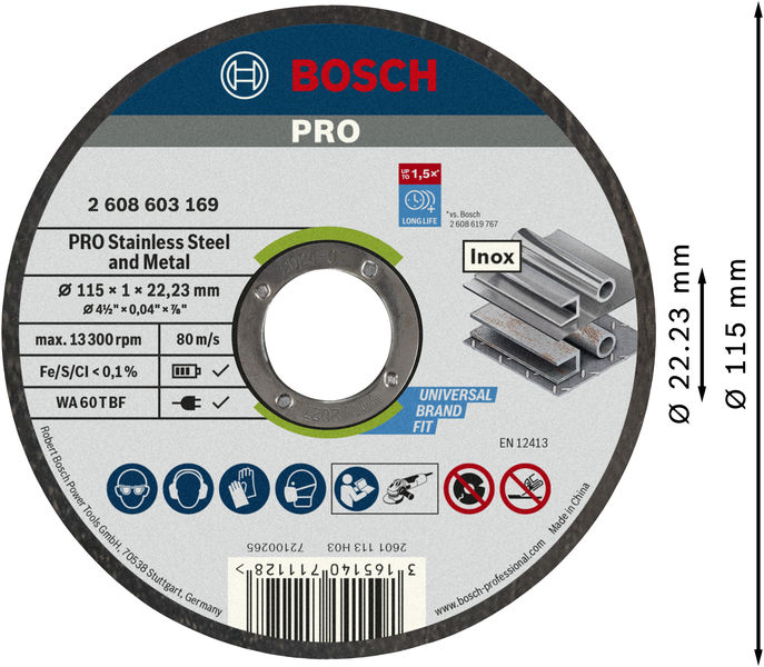 BOSCH PRO Stainless Steel and Metal Trennscheibe, 115 x 1 x 22.23 mm, gerade