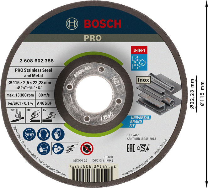 BOSCH PRO Stainless Steel and Metal Gebundene 3-in-1-Disc, 115 x 2,5 x 22,23 mm BOSCH PRO Stainless Steel and Metal Gebundene 3-in-1-Disc, 115 x 2,5 x 22,23 mm