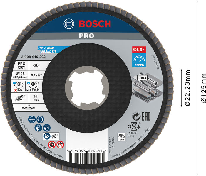 BOSCH PRO X571 Fächerschleifscheibe X-Lock, abgewinkelt, 125 mm, K60