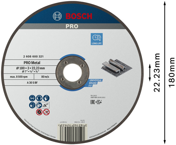 BOSCH PRO Metal Trennscheibe, 180 x 3 x 22.23 mm, gerade, oSa