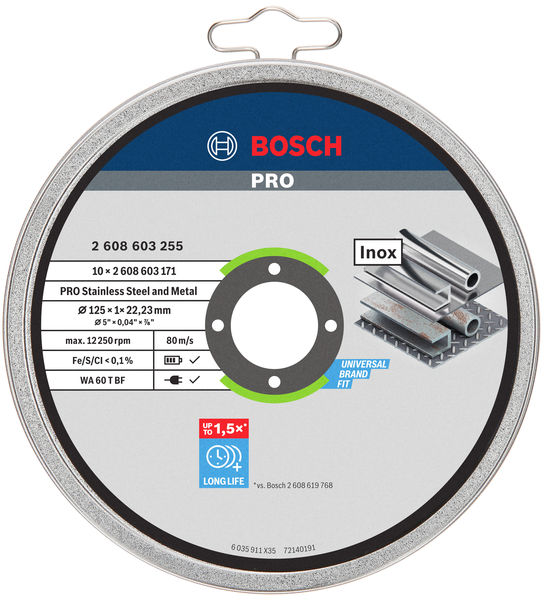 BOSCH PRO Stainless Steel and Metal Trennscheibe, 125 x 1 x 22.23 mm, gerade, 10-tlg. BOSCH PRO Stainless Steel and Metal Trennscheibe, 125 x 1 x 22.23 mm, gerade, 10-tlg.