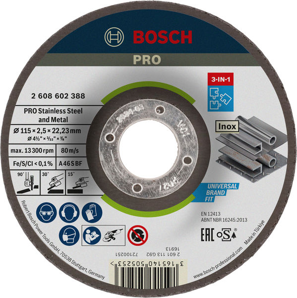 BOSCH PRO Stainless Steel and Metal Gebundene 3-in-1-Disc, 115 x 2,5 x 22,23 mm BOSCH PRO Stainless Steel and Metal Gebundene 3-in-1-Disc, 115 x 2,5 x 22,23 mm