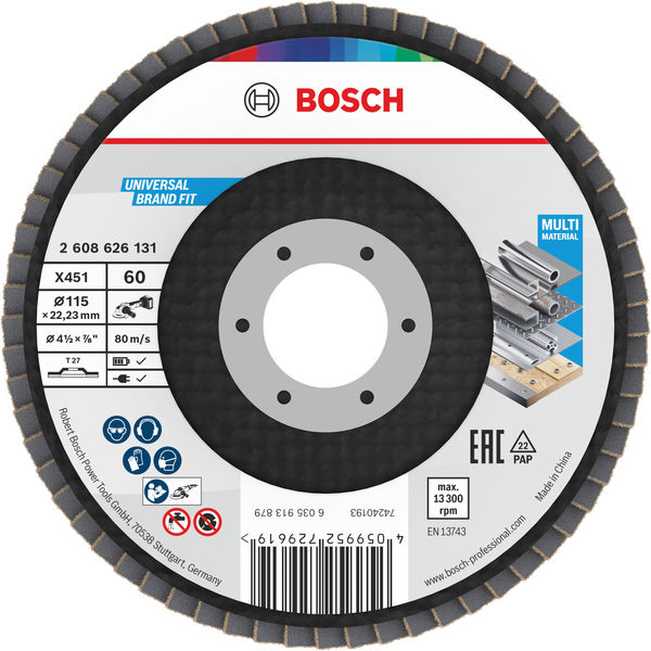 BOSCH X451 Fächerschleifscheibe, 115 x 22,23 mm, K60, Z27, 60-tlg