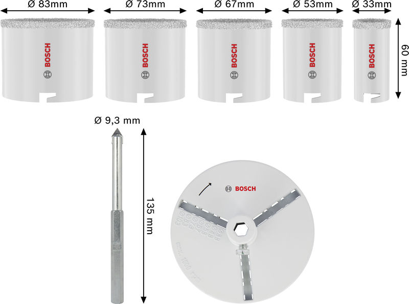 BOSCH Brick and Soft Tile Lochsägen-Set mit Aufsteckhalter, 33; 53; 67; 73; 83 x 60 mm