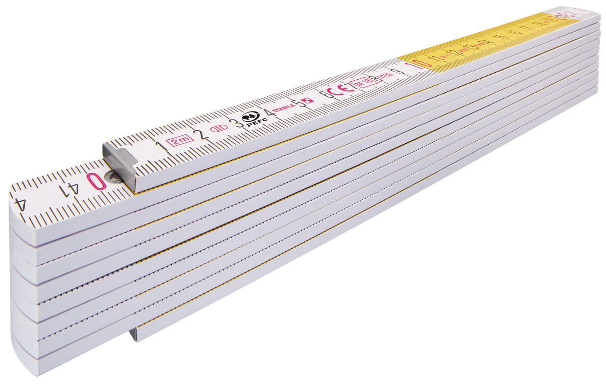 STABILA Zollstock Type 417, 2 m, weiß, weiß/gelbe metrische Schnellablese-Skala, Winkelfunktion, Meterstab aus PEFC-zertifiziertem Holz, Stahlblechgelenke mit integrieter Stahlfeder STABILA Zollstock Type 417, 2 m, weiß, weiß/gelbe metrische Schnellablese-Skala, Winkelfunktion, Meterstab aus PEFC-zertifiziertem Holz, Stahlblechgelenke mit integrieter Stahlfeder