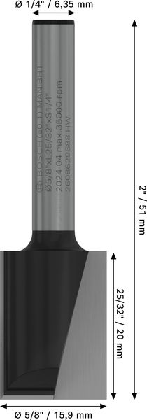 BOSCH PRO Nutfräser, zweischneidig, Ø 5/8" x L 49/64", Schaft 1/4" BOSCH PRO Nutfräser, zweischneidig, Ø 5/8" x L 49/64", Schaft 1/4"