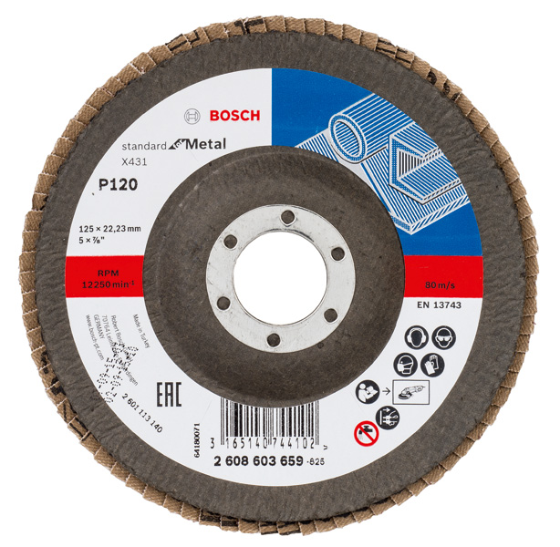 BOSCH Fächerschleifscheibe X431 Standard for Metal, gewinkelt, 125 mm, 22,23 mm, 120 BOSCH Fächerschleifscheibe X431 Standard for Metal, gewinkelt, 125 mm, 22,23 mm, 120