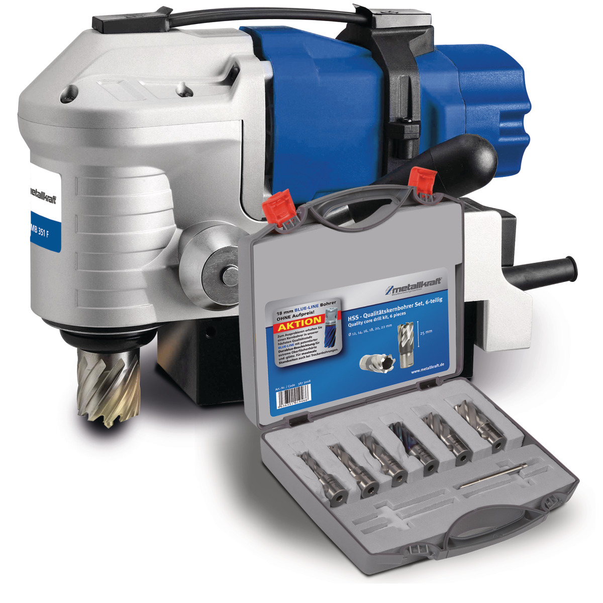 METALLKRAFT Magnetkernbohrmaschine mit Aktionsbeigabe 6-teiliges Kernbohrer-Set MB 351 F Aktions-Set METALLKRAFT Magnetkernbohrmaschine mit Aktionsbeigabe 6-teiliges Kernbohrer-Set MB 351 F Aktions-Set