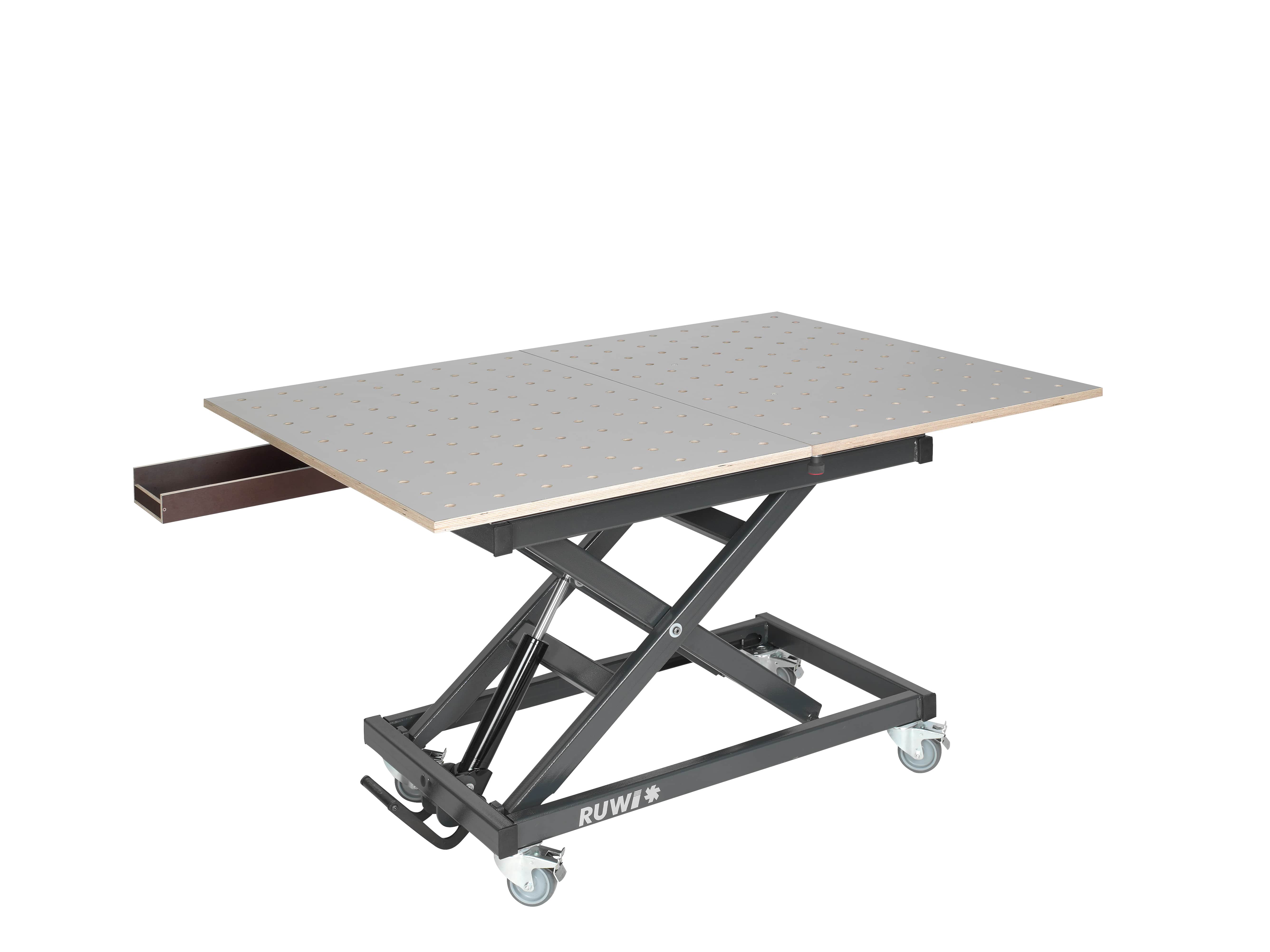 RUWI Hubtisch Premium HPL Schwenk-Lochrasterplatte mit seitl. Profil zur Werkstückfixierung (1x 56 cm ) und Schubkasten und Stauraum
