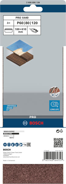 BOSCH PRO X440 Schleifband, 100 x 610 mm, G60, G80, G100, 3-tlg. BOSCH PRO X440 Schleifband, 100 x 610 mm, G60, G80, G100, 3-tlg.