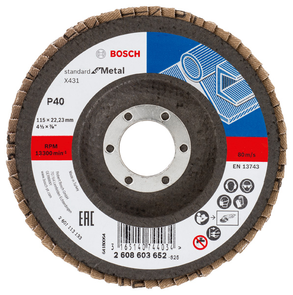 BOSCH Fächerschleifscheibe X431 Standard for Metal, gewinkelt, 115 mm, 22,23 mm, 40 BOSCH Fächerschleifscheibe X431 Standard for Metal, gewinkelt, 115 mm, 22,23 mm, 40