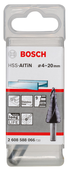 BOSCH Stufenbohrer HSS-AlTiN, 4 - 20 mm, 6 mm, 50 mm, 9 Stufen BOSCH Stufenbohrer HSS-AlTiN, 4 - 20 mm, 6 mm, 50 mm, 9 Stufen