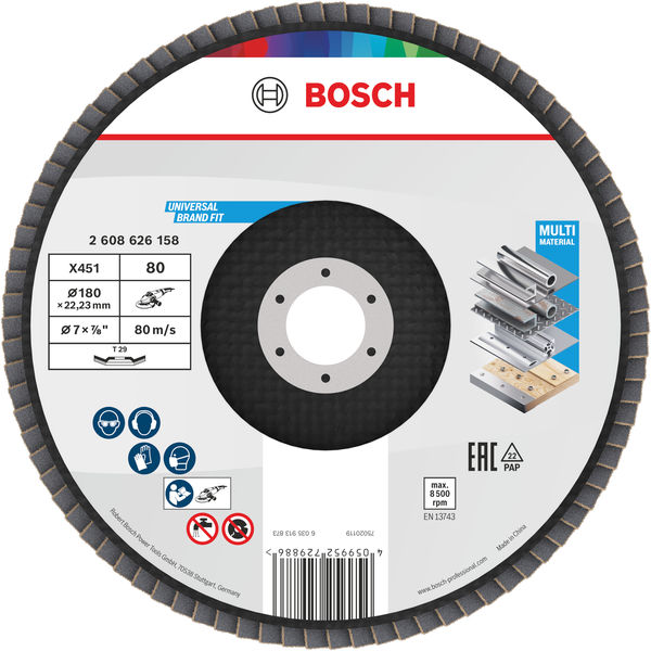 BOSCH X451 Fächerschleifscheibe, 180 x 22,23 mm, K80, Z29, 15-tlg