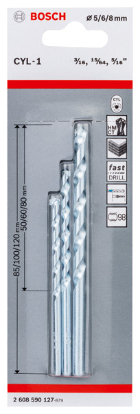 BOSCH 3-tlg. CYL-1 Steinbohrer-Set, 5/6/8 mm BOSCH 3-tlg. CYL-1 Steinbohrer-Set, 5/6/8 mm